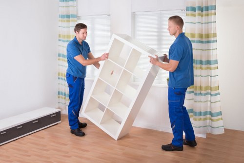 Office relocation equipment and boxes prepared for transport