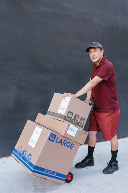 A man with light skin, wearing a grey cap, burgundy polo shirt, red shorts, black socks, and black shoes, is standing outdoors on a concrete surface next to a dark wall. He is holding a cardboard box with one hand and pushing a red-tined hand truck loaded with multiple packed boxes, including a large cardboard box labeled 'LARGE' in blue, which is positioned behind him on the trolley. The boxes are sealed with packing tape and have shipping labels attached, indicating a home relocation or furniture transport process. The scene captures the loading or unloading phase of a house removal, suggesting a moving company's involvement in packing and transporting household items, with the environment clearly focused on the logistics of furniture moving and packing for a local or same-day move as part of the services offered by Man with Van Holland Park.