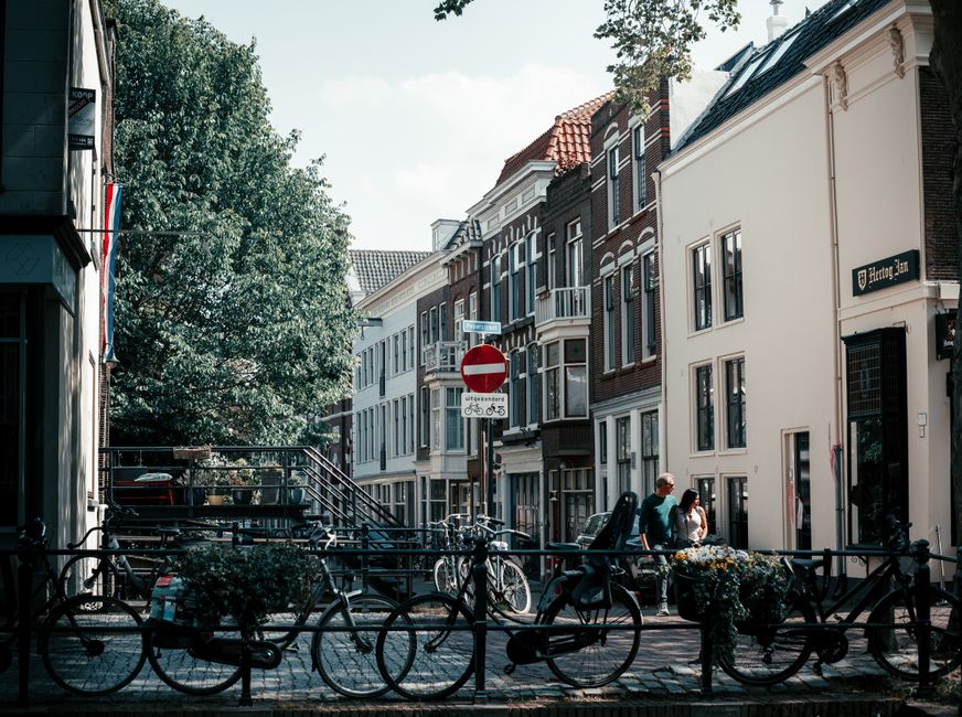 A row of bicycles parked in a metal bike rack on a sidewalk in Holland Park, with some bicycles secured using locks. A black scooter is parked beside the bike rack. In the background, there is a busy 