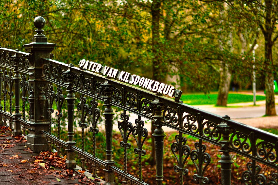 A decorative black wrought iron fence with intricate scrollwork and finials borders a pathway, with fallen autumn leaves scattered on the brick surface. A white metal sign reading 'PATER VAN KILSDONKBURG' is mounted on the fence, slightly tilted. Behind the fence, a park area with green grass, mature trees with yellow and green foliage, and a paved walkway is visible. The scene is illuminated by natural daylight, suggesting an outdoor setting during the autumn season. This image relates to house removals and the logistics of relocating furniture or belongings from residential properties within a scenic outdoor environment, as managed by Man with Van Holland Park, emphasizing careful loading and transport processes.